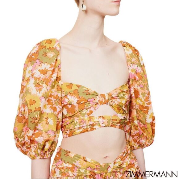 ZIMMERMANN Violet Twist Front Puff Sleeve Crop Top in Khaki Multi Floral - Picture 7 of 16